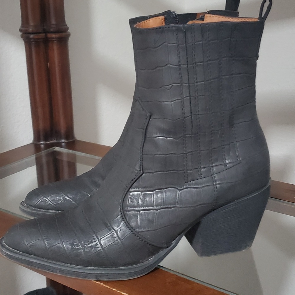 Black Croc-Embossed Ankle Boots